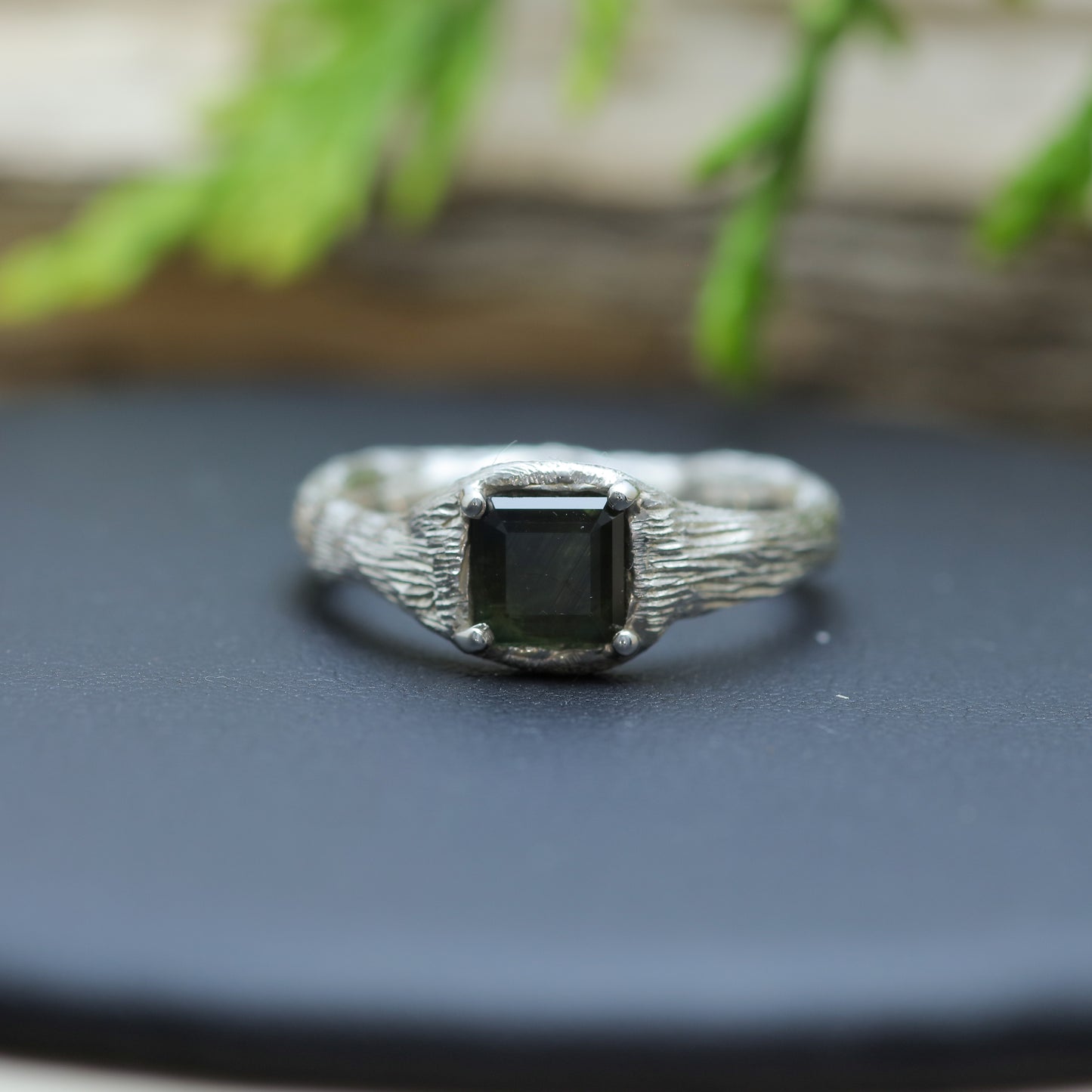 Organic Square Dark Green Sapphire Statement Ring