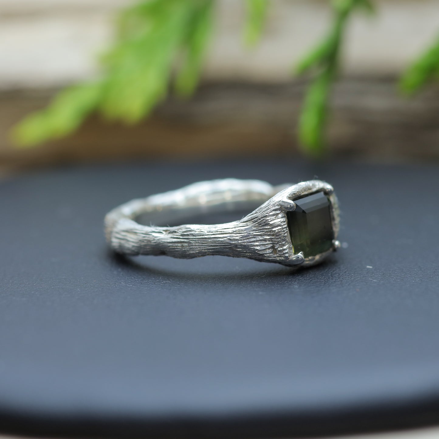 Organic Square Dark Green Sapphire Statement Ring