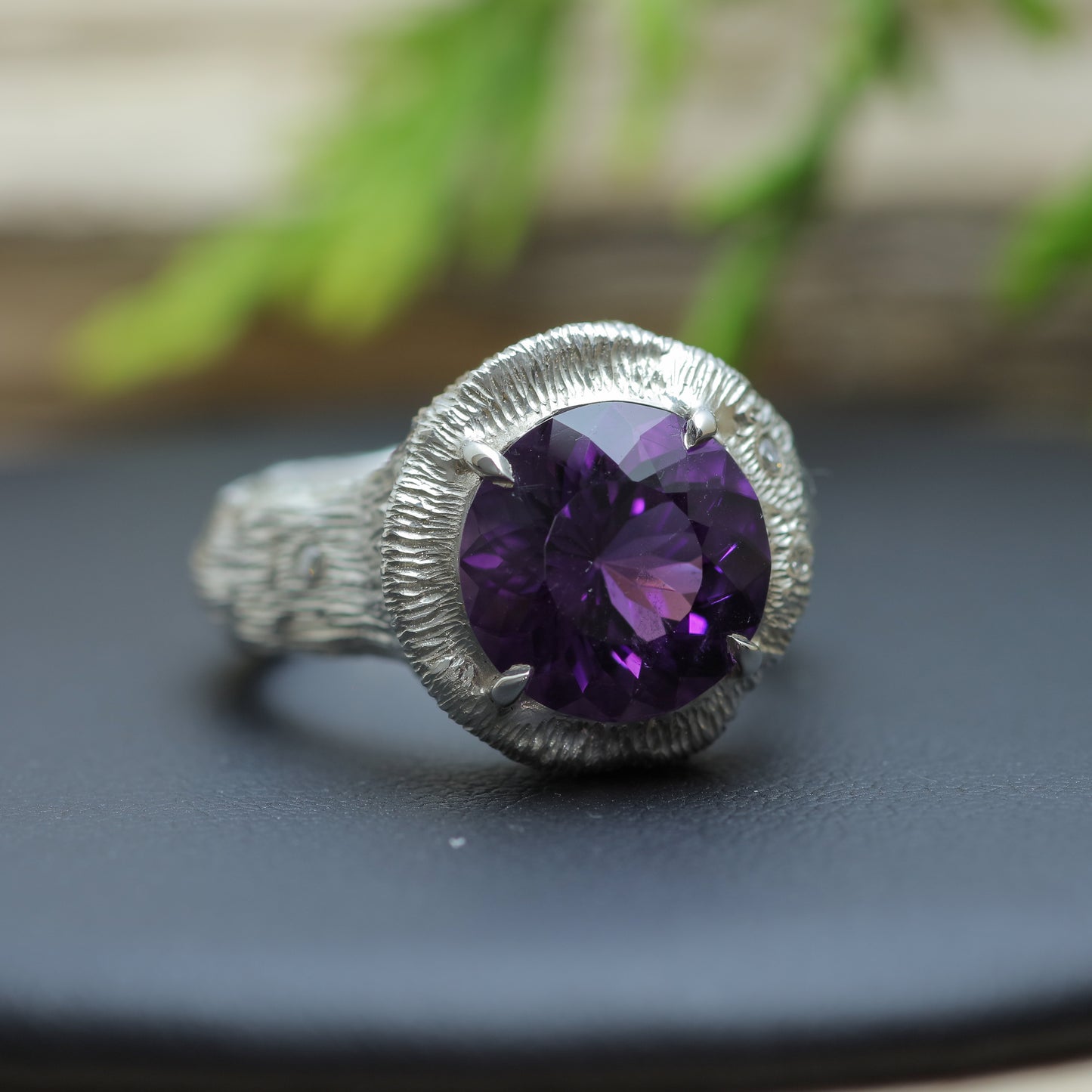 Chunky Organic Round Amethyst & Flush Lab Diamond Ring