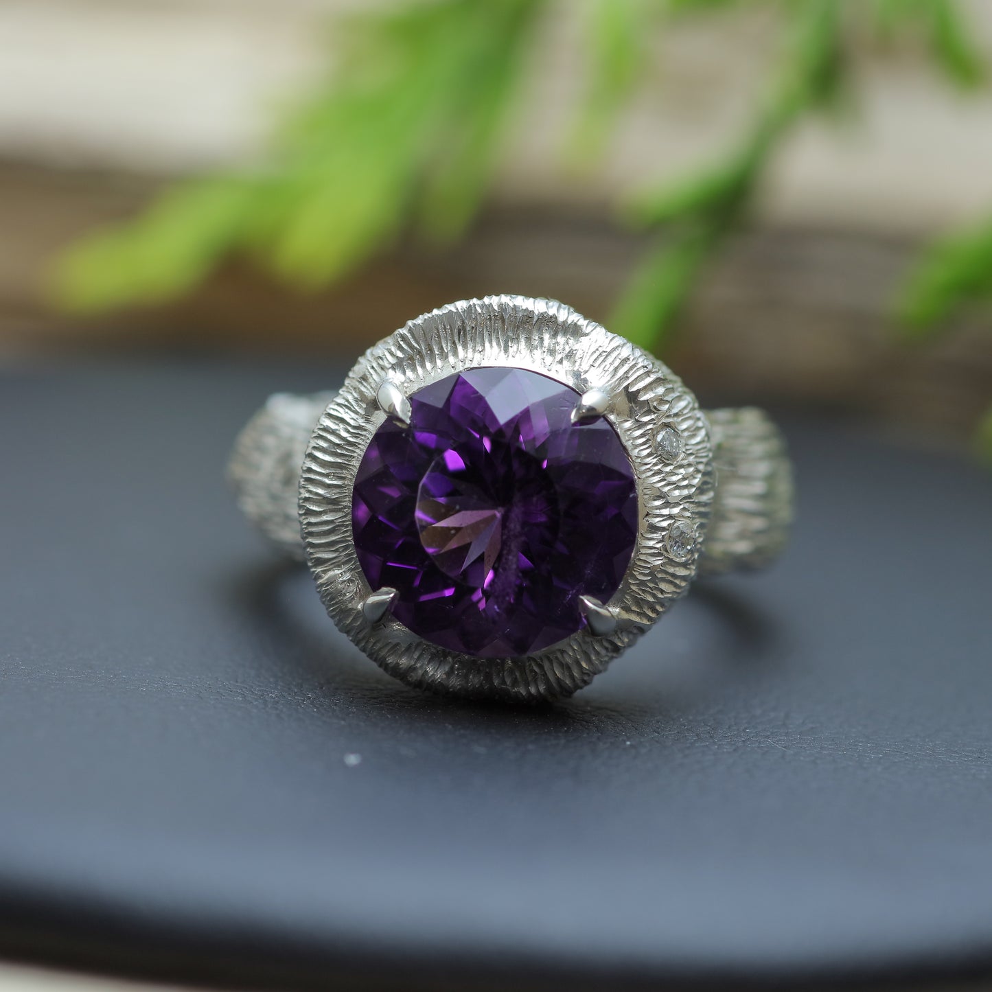 Chunky Organic Round Amethyst & Flush Lab Diamond Ring
