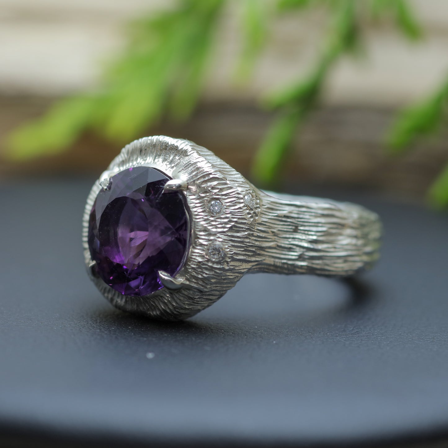 Chunky Organic Round Amethyst & Flush Lab Diamond Ring