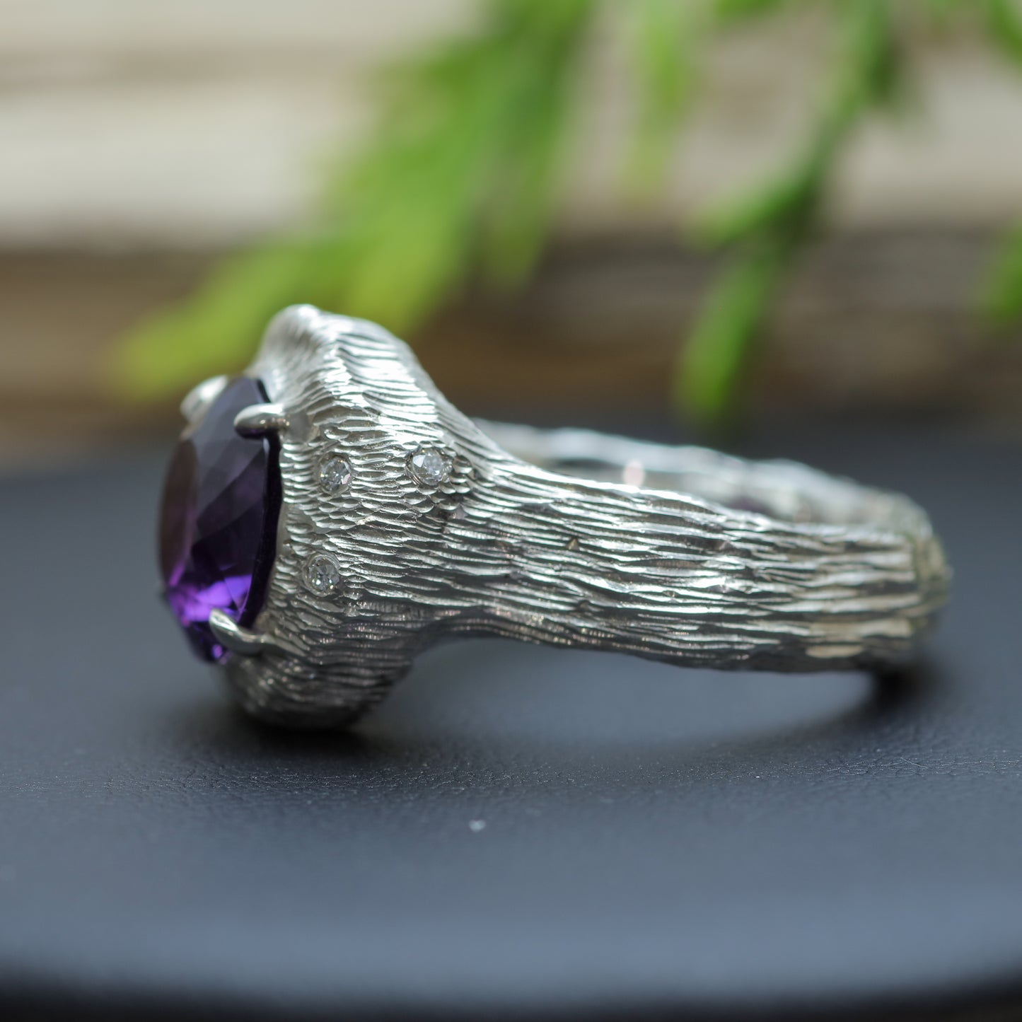 Chunky Organic Round Amethyst & Flush Lab Diamond Ring