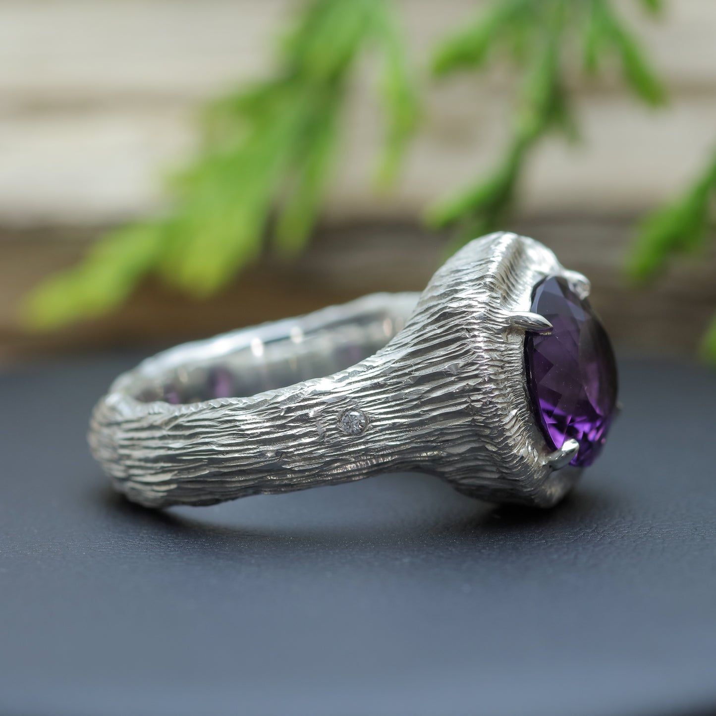 Chunky Organic Round Amethyst & Flush Lab Diamond Ring