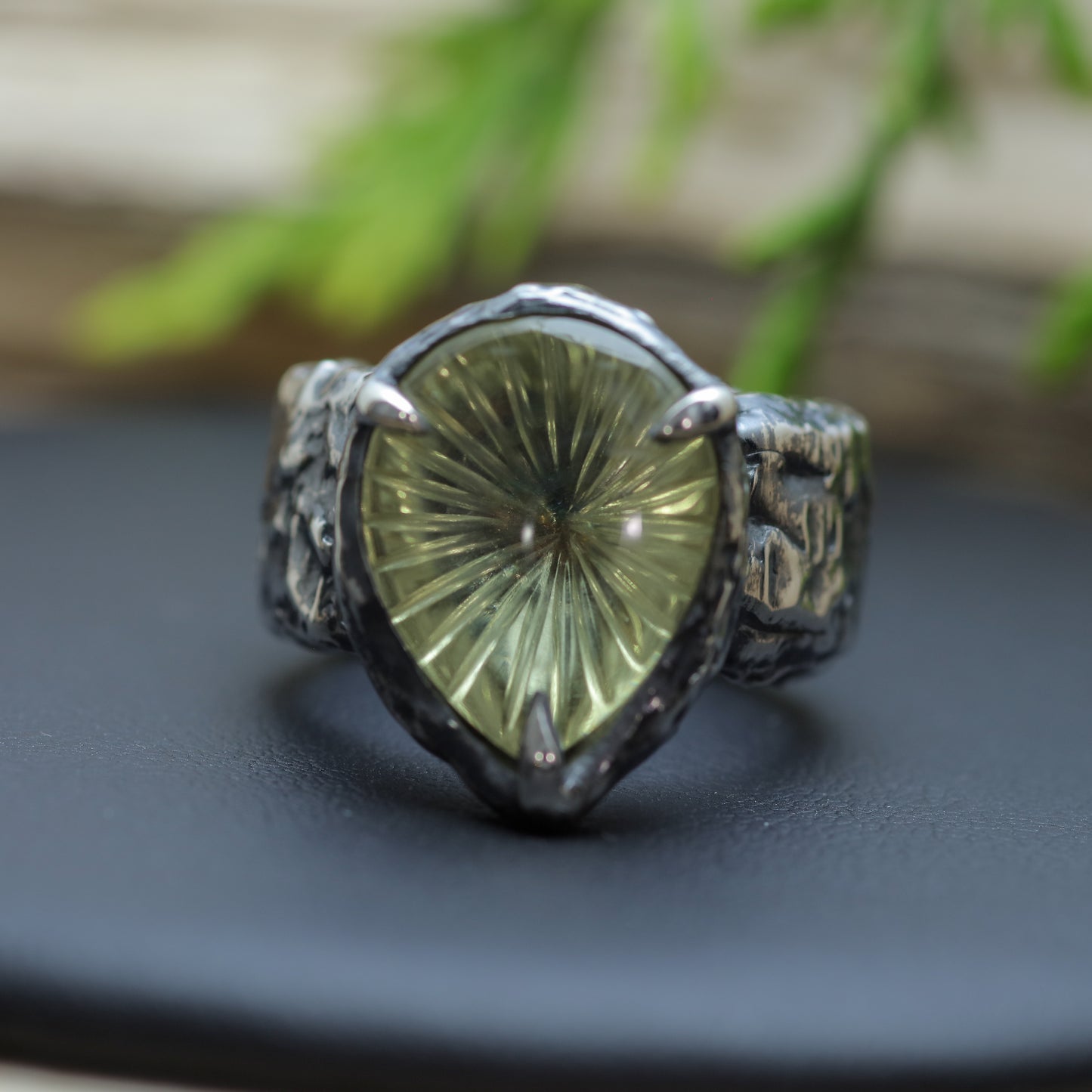 Hand-Sculpted Raw Texture Fantasy-Cut Lemon Quartz Ring (with IGE Certificate)