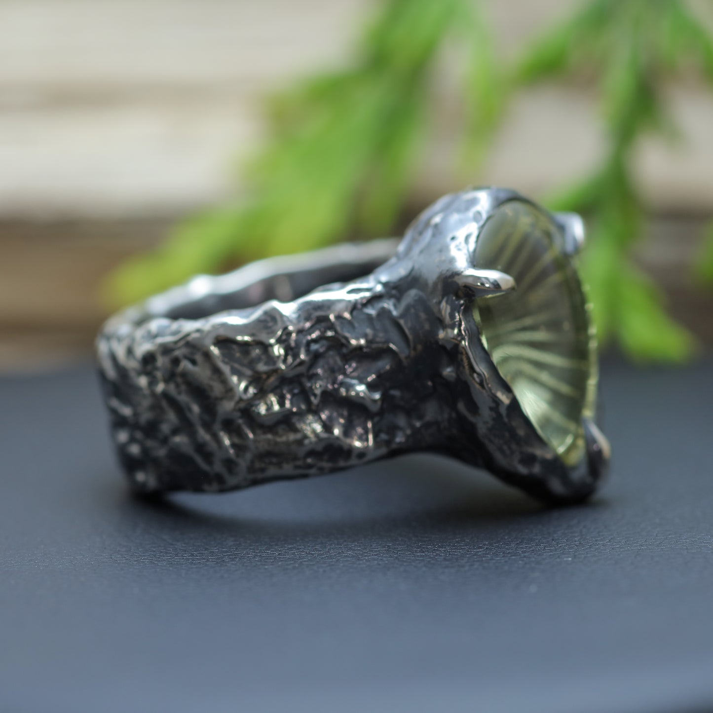 Hand-Sculpted Raw Texture Fantasy-Cut Lemon Quartz Ring (with IGE Certificate)