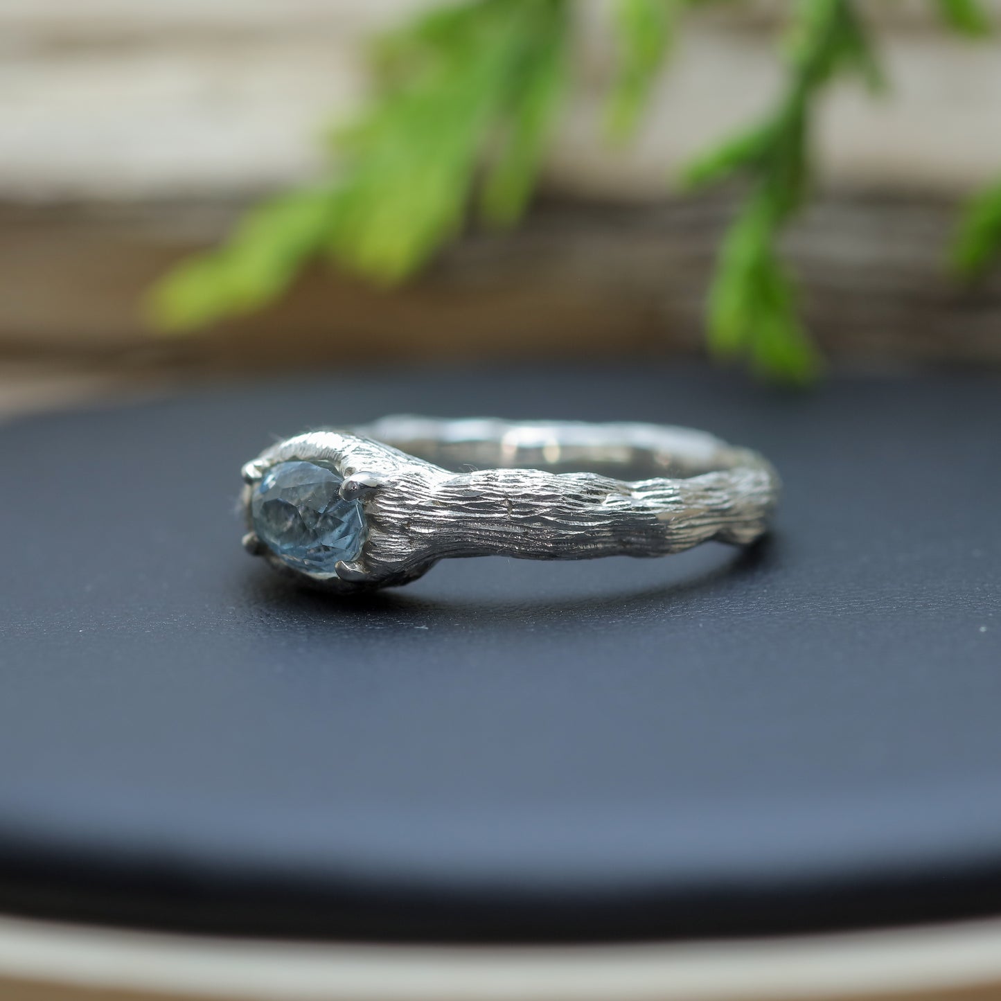 Texture Oval Aquamarine Solitaire Ring