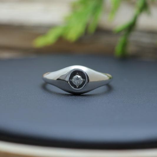 Starburst Signet Argentium Silver Ring and flush lab diamond.
