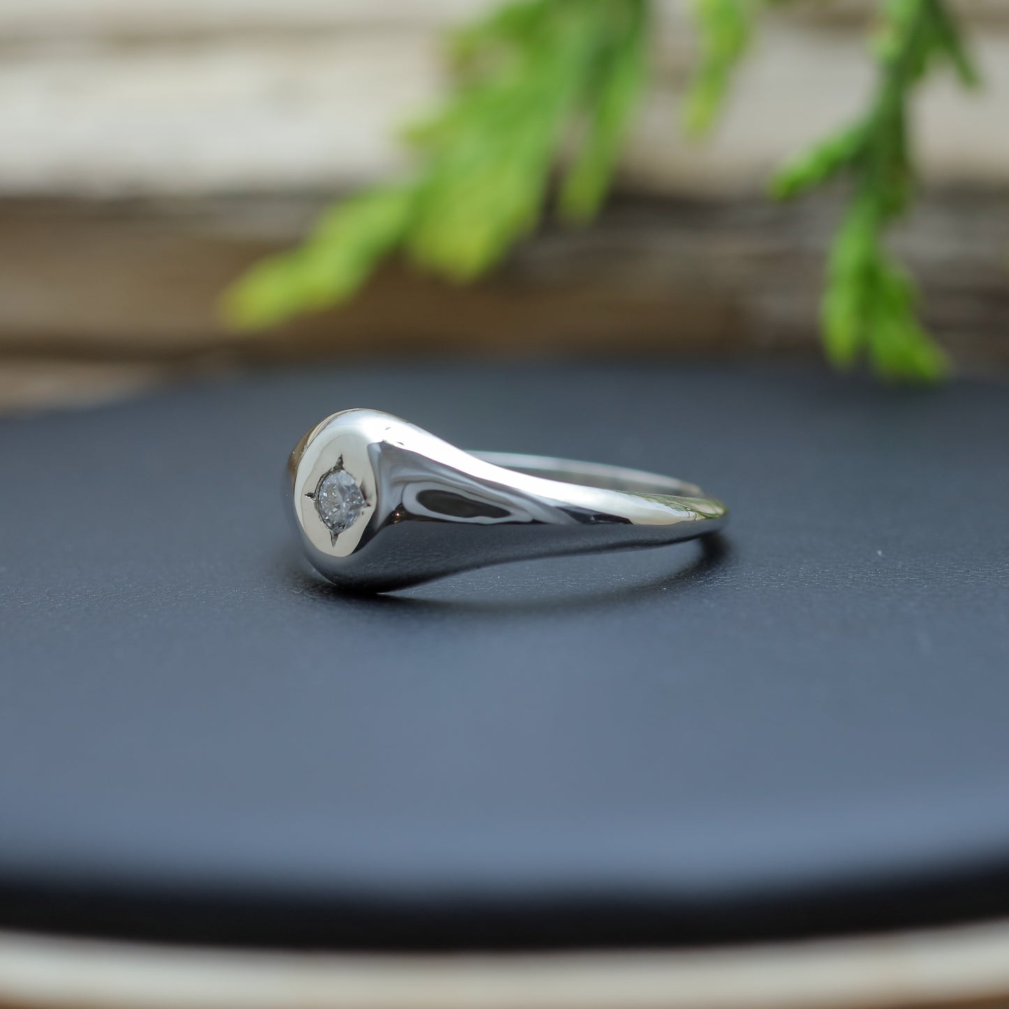 Starburst Signet Argentium Silver Ring and flush lab diamond.