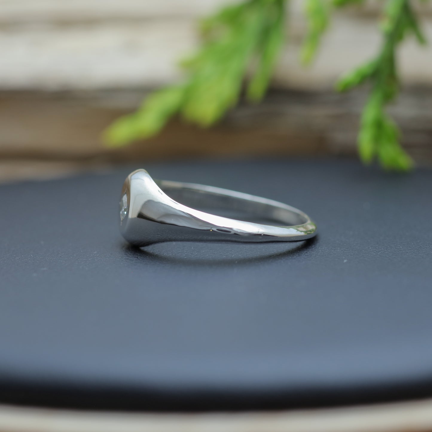 Starburst Signet Argentium Silver Ring and flush lab diamond.