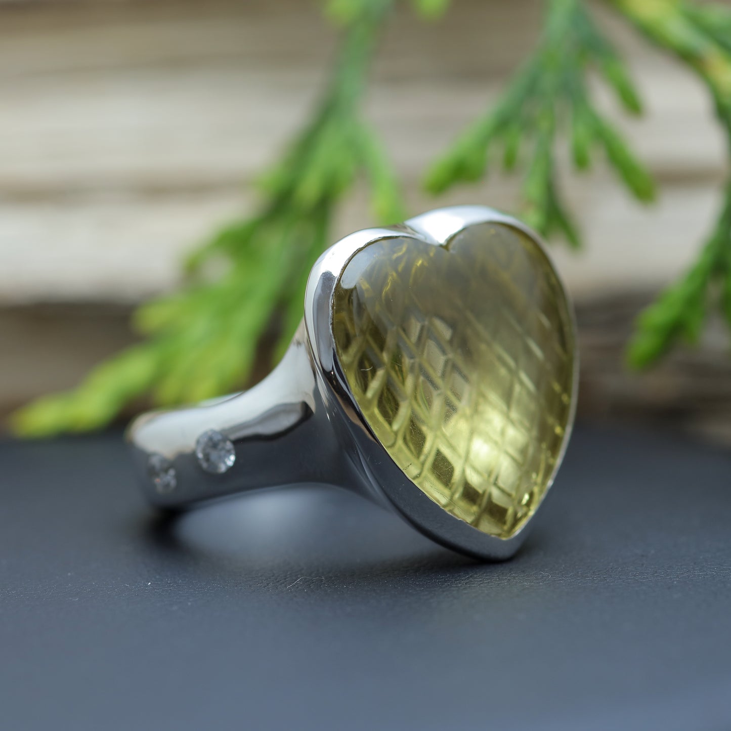 Organic Heart-Shape Lemon Quartz & Flush Diamond Statement Ring