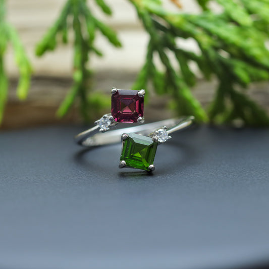 925 silver Natural Diopside and Garnet Cluster Accent Ring