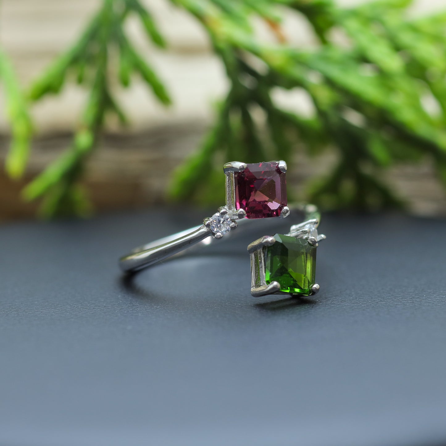 925 silver Natural Diopside and Garnet Cluster Accent Ring
