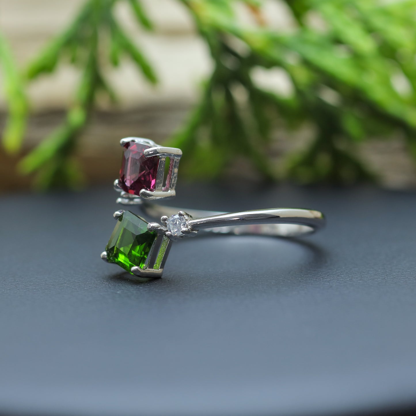 925 silver Natural Diopside and Garnet Cluster Accent Ring