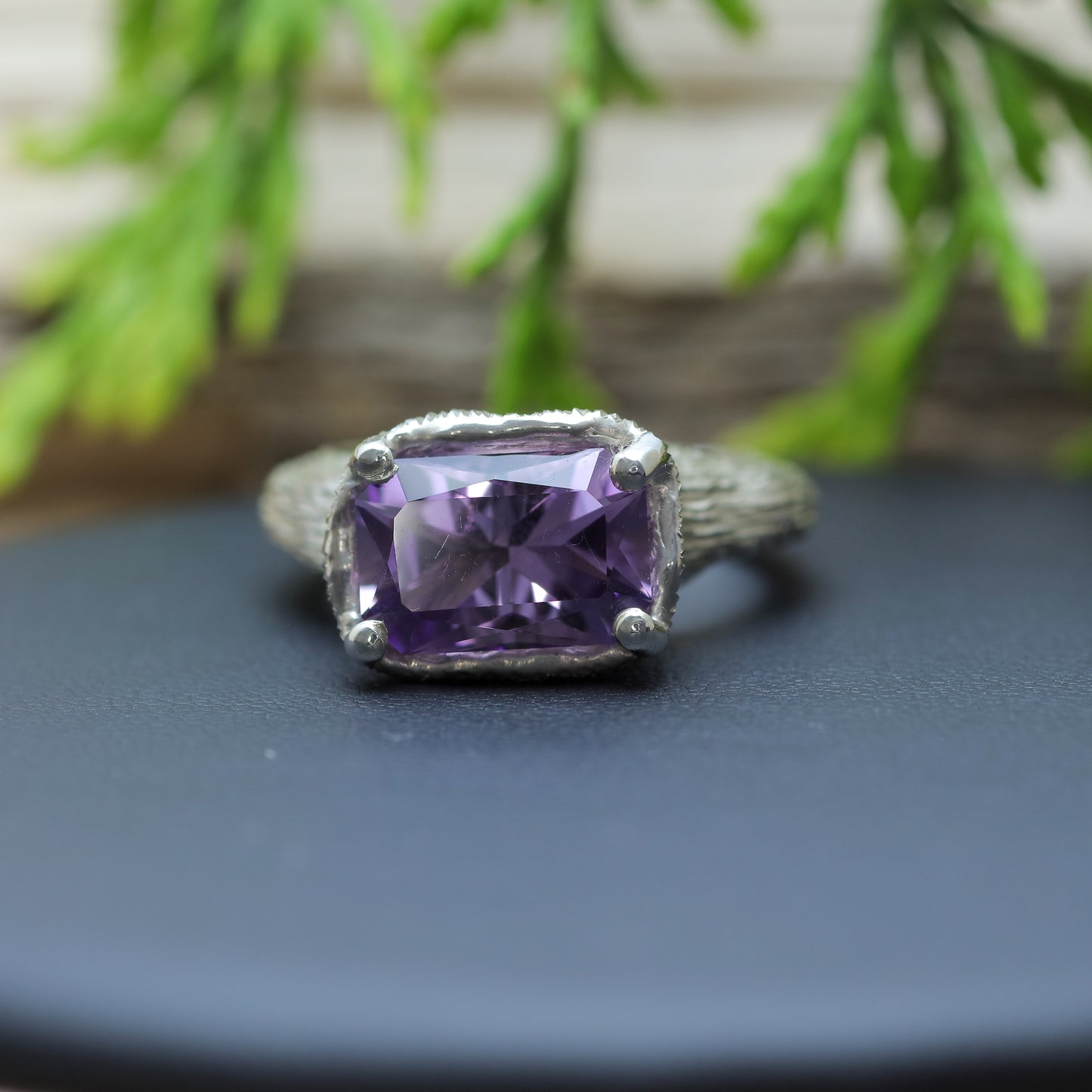 Hand-Textured Rectangle Amethyst Argentium Silver Ring