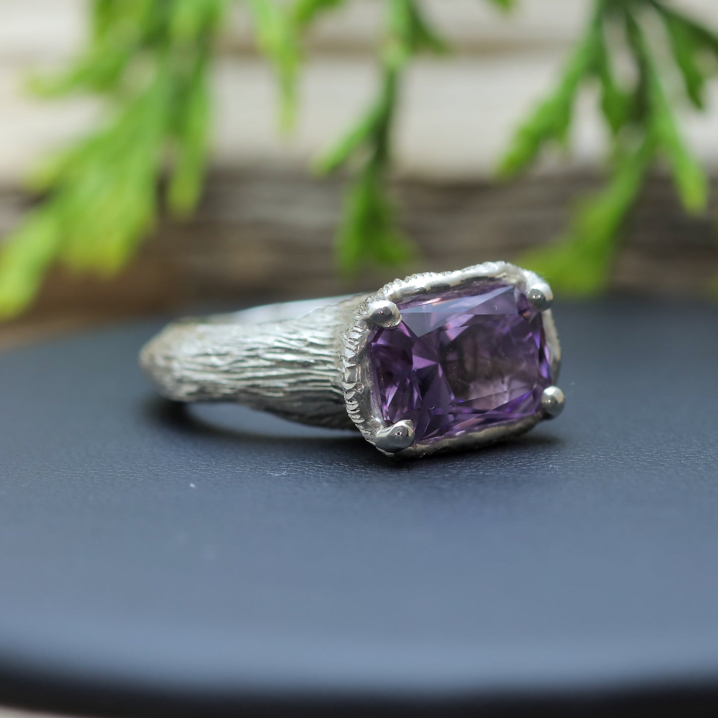 Hand-Textured Rectangle Amethyst Argentium Silver Ring