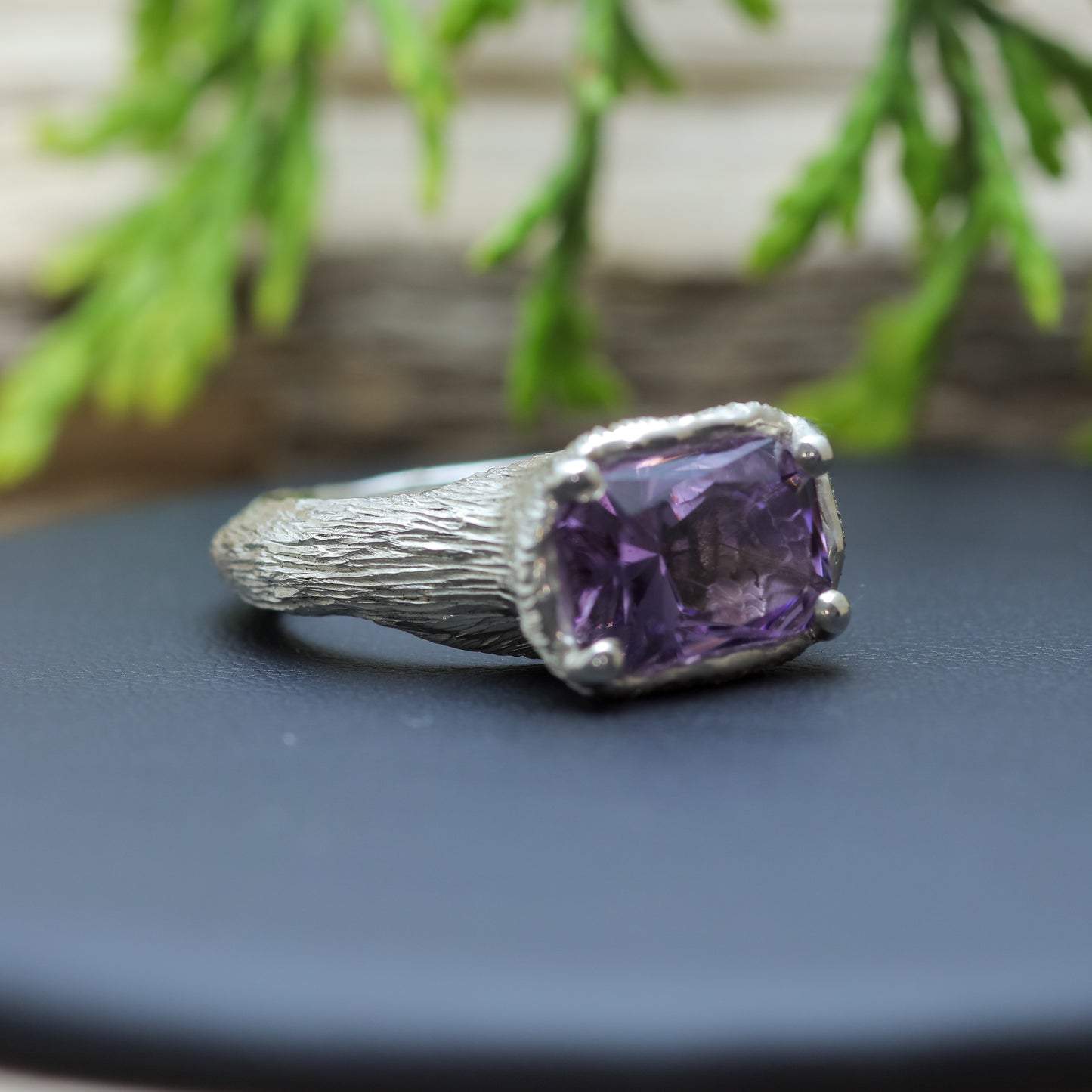 Hand-Textured Rectangle Amethyst Argentium Silver Ring