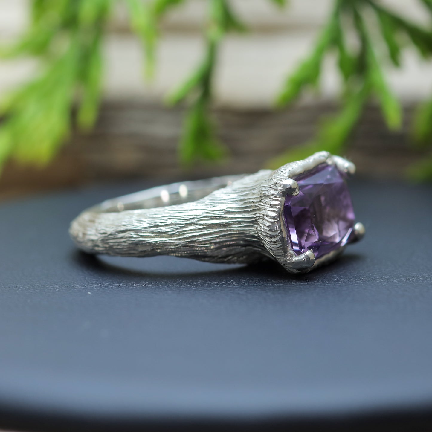 Hand-Textured Rectangle Amethyst Argentium Silver Ring