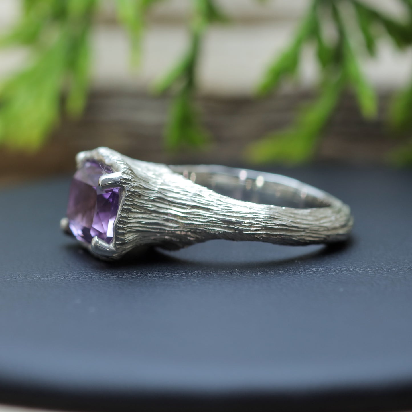 Hand-Textured Rectangle Amethyst Argentium Silver Ring