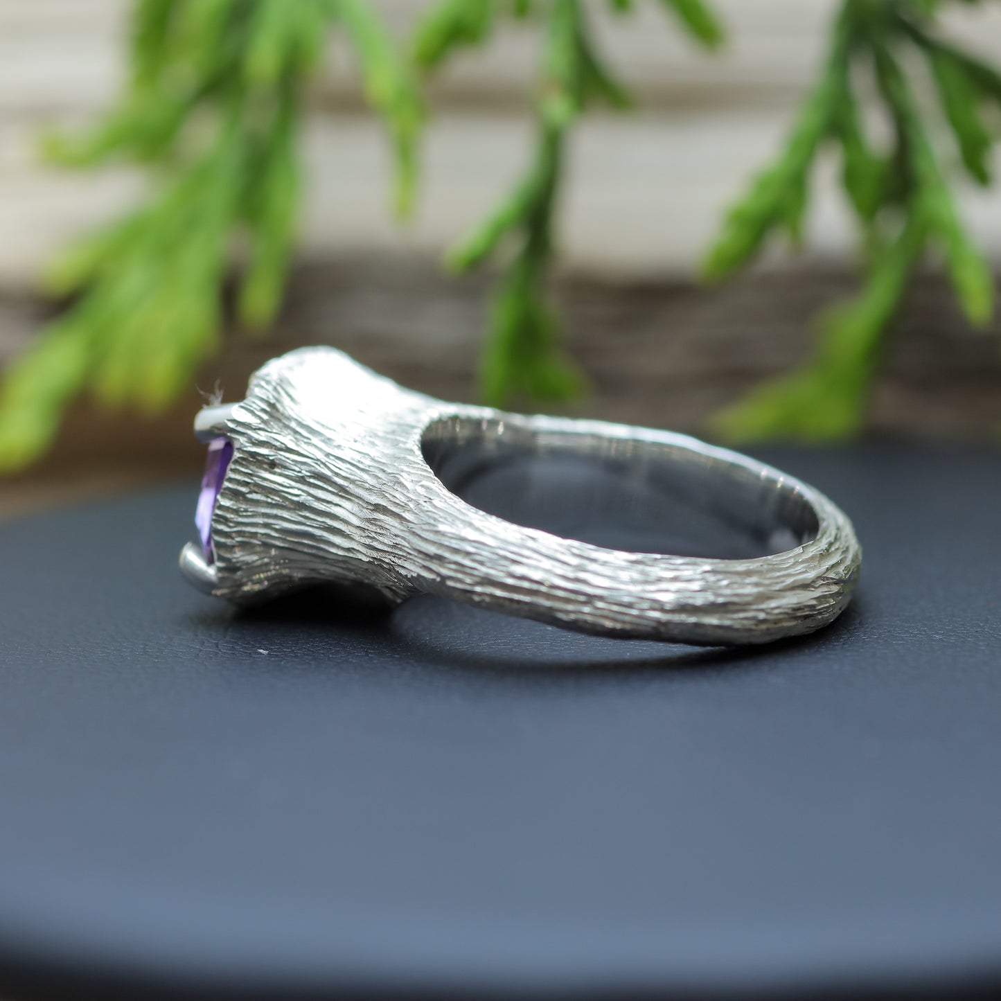 Hand-Textured Rectangle Amethyst Argentium Silver Ring