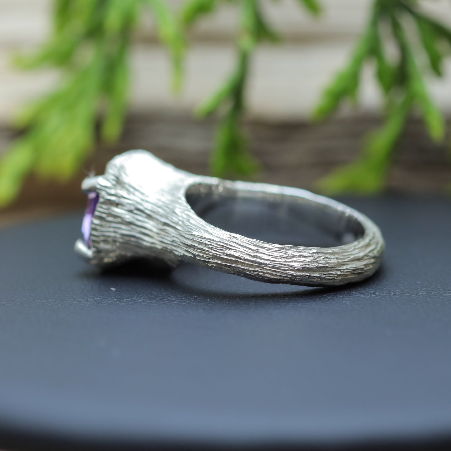 Hand-Textured Rectangle Amethyst Argentium Silver Ring