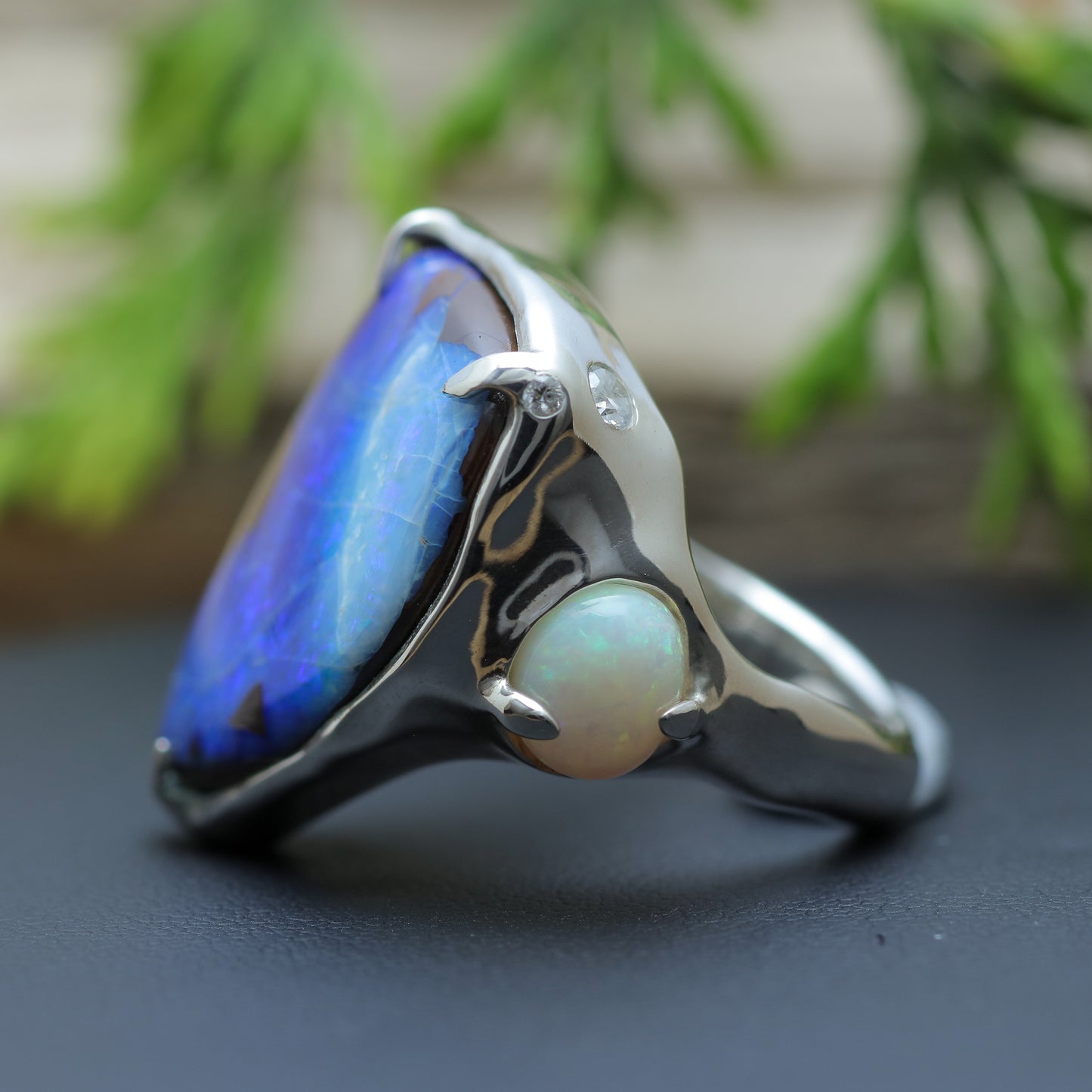 Organic Australian Boulder Opal & Crystal Opal Statement Ring