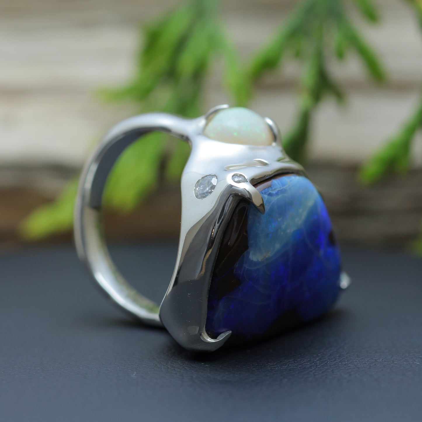Organic Australian Boulder Opal & Crystal Opal Statement Ring