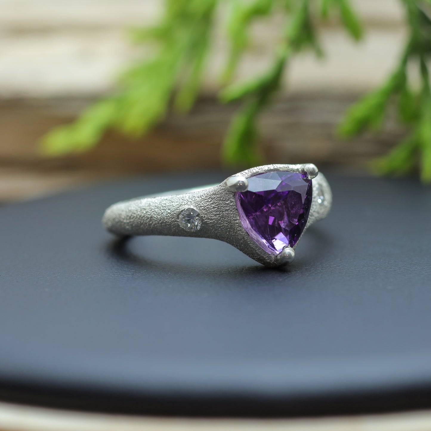 Trillion Amethyst & Flush Diamond Ring texture 925 silver ring