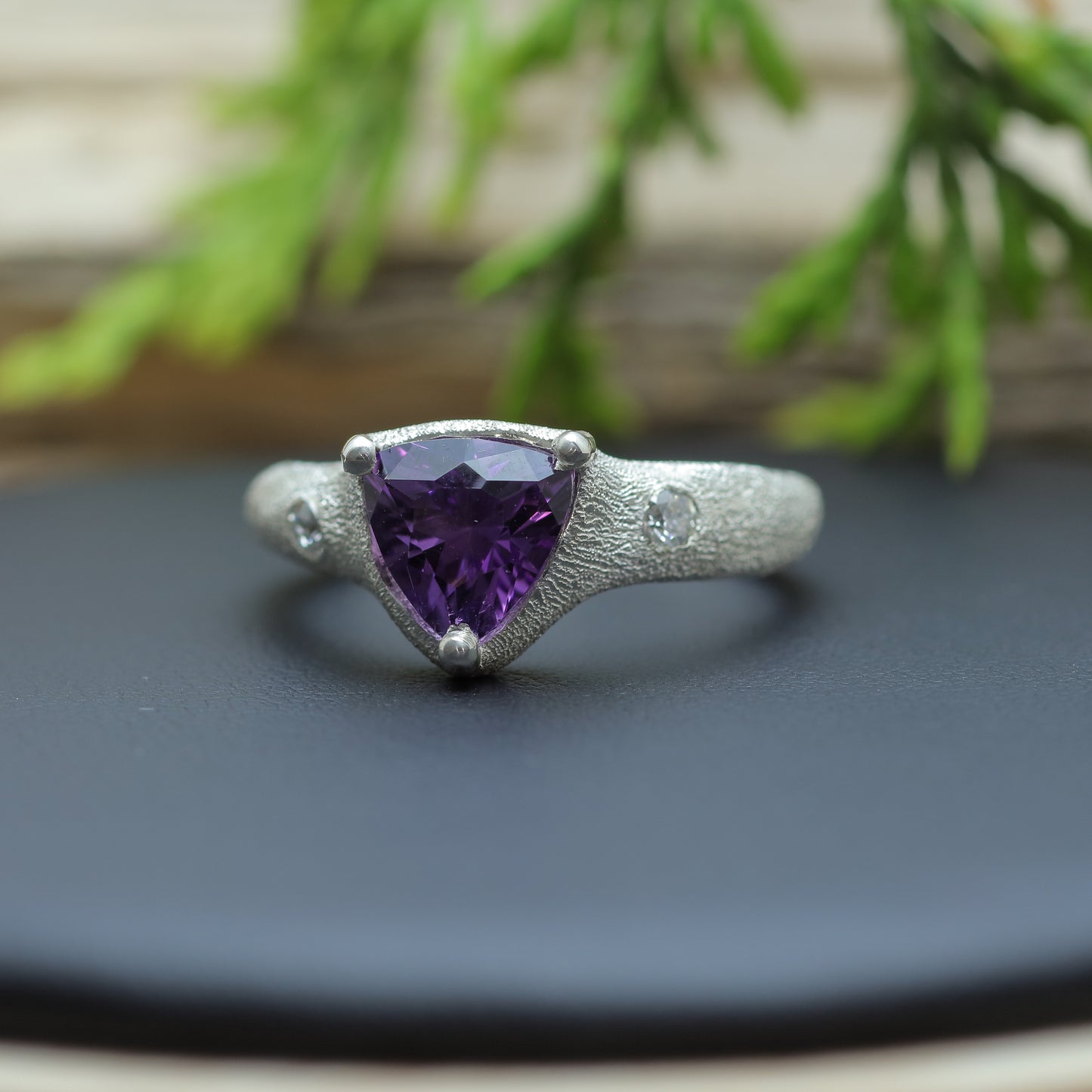 Trillion Amethyst & Flush Diamond Ring texture 925 silver ring