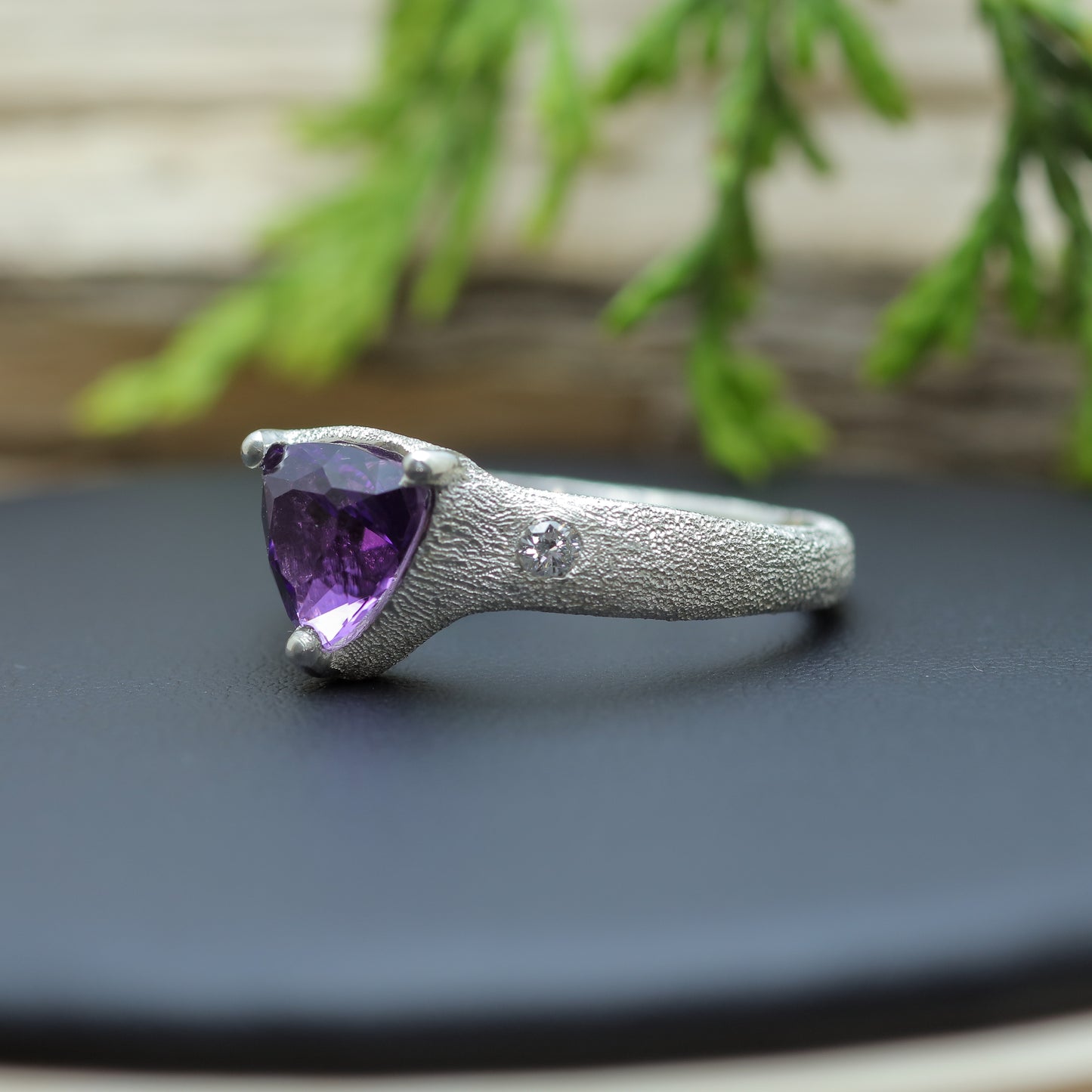 Trillion Amethyst & Flush Diamond Ring texture 925 silver ring