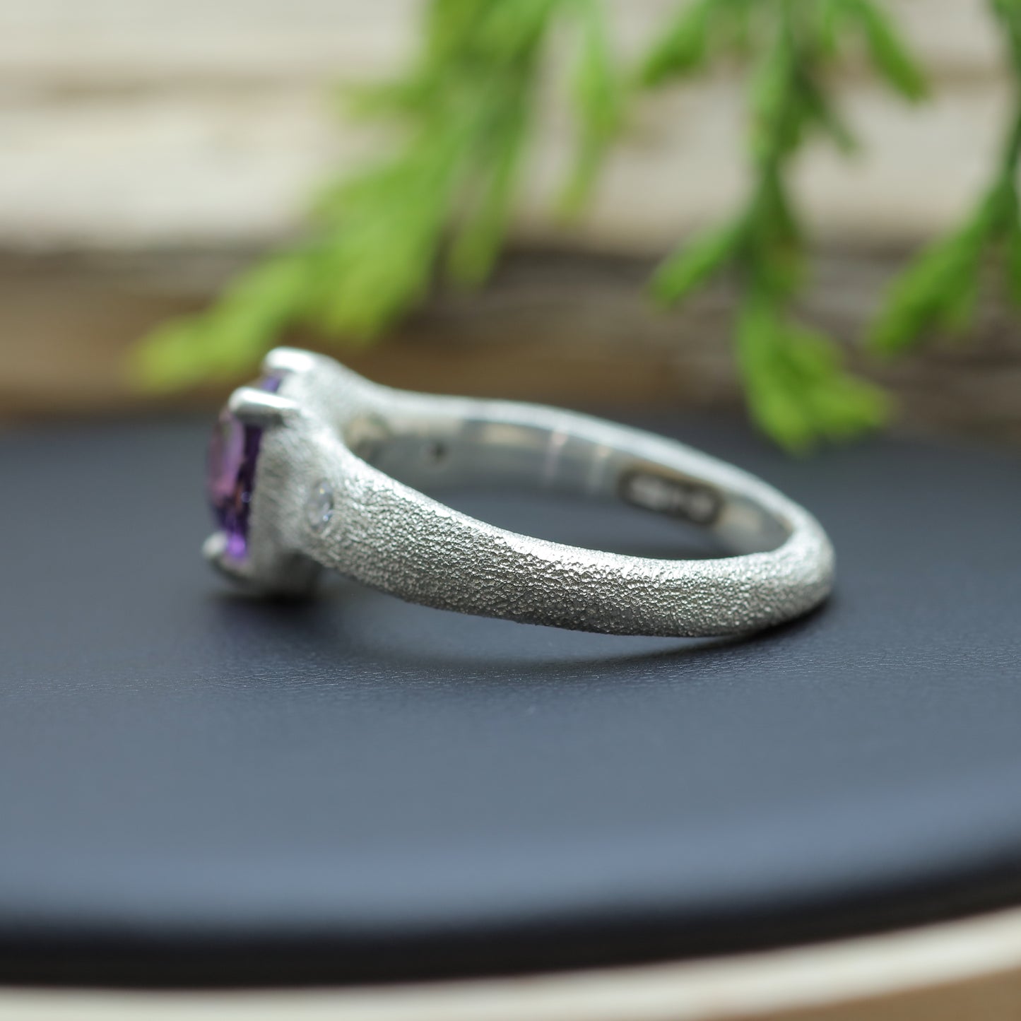 Trillion Amethyst & Flush Diamond Ring texture 925 silver ring