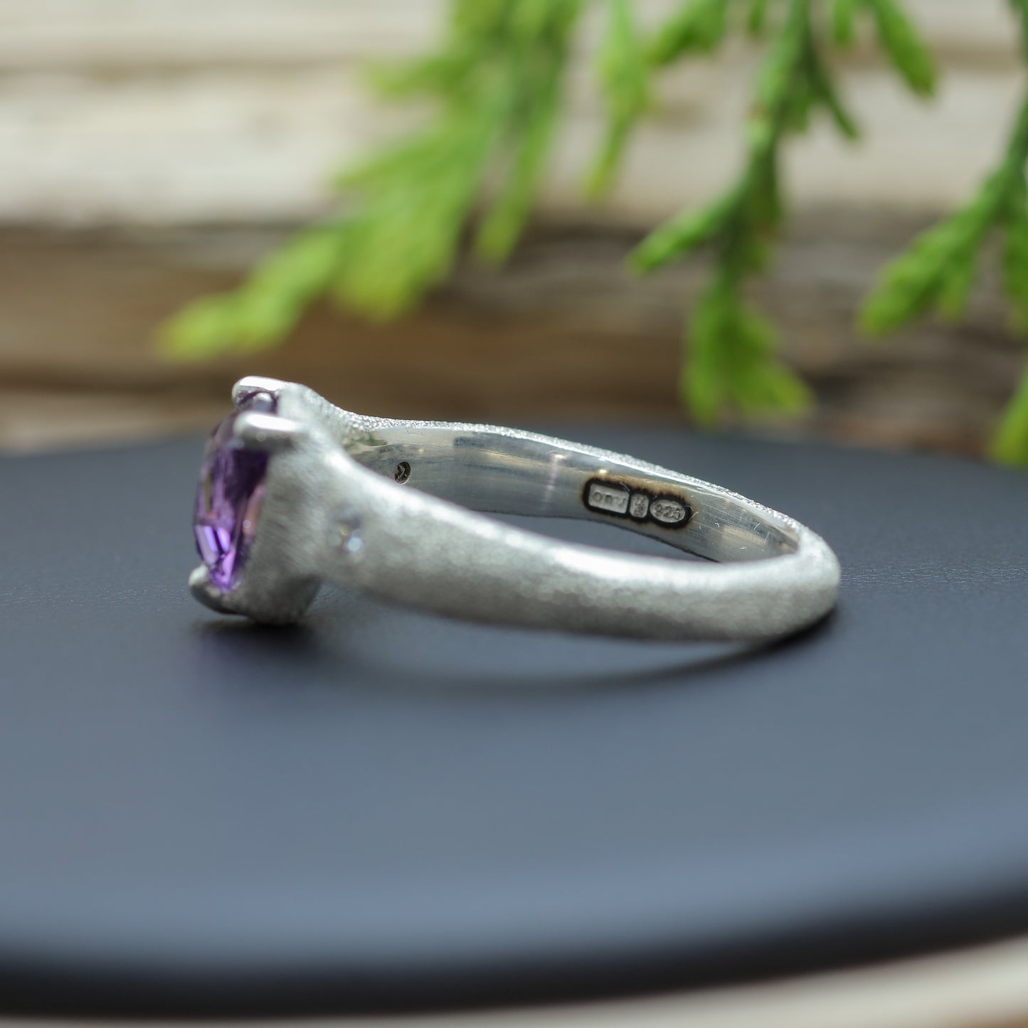 Trillion Amethyst & Flush Diamond Ring texture 925 silver ring