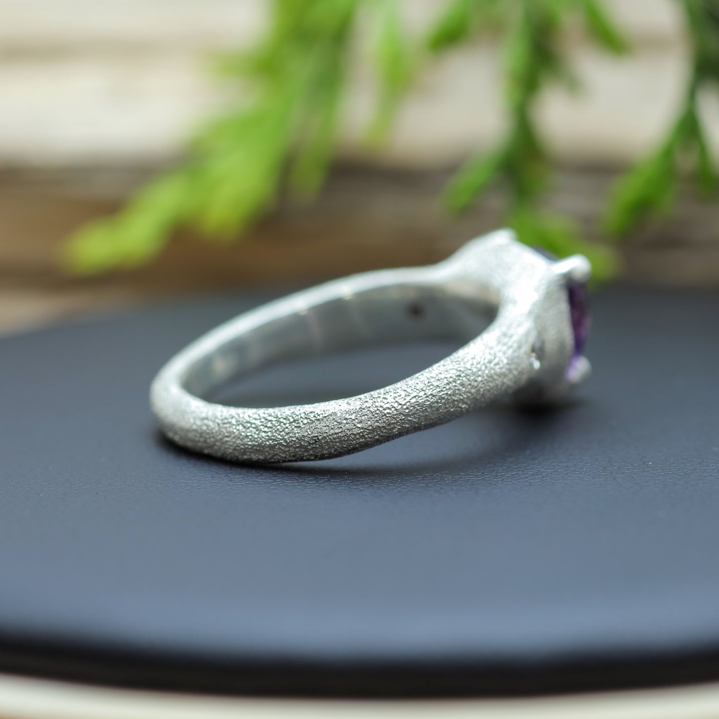 Trillion Amethyst & Flush Diamond Ring texture 925 silver ring
