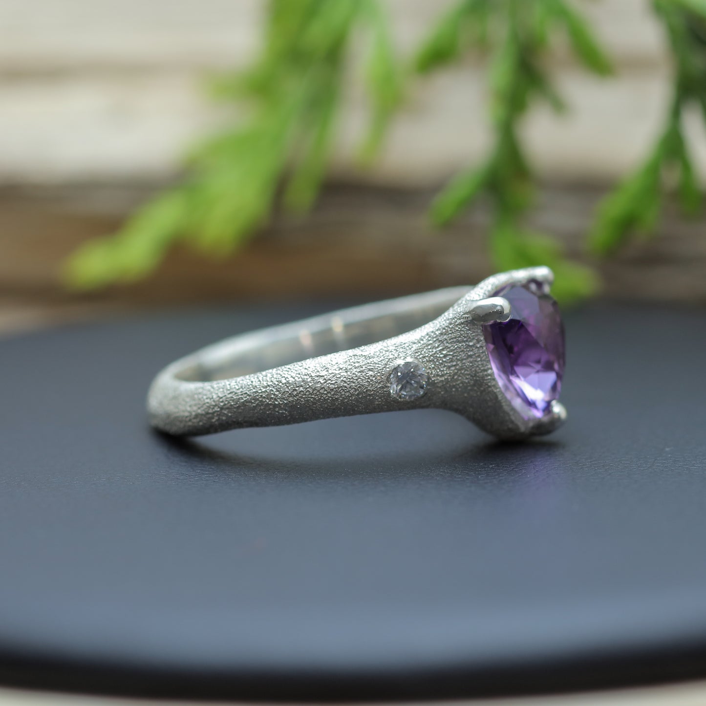 Trillion Amethyst & Flush Diamond Ring texture 925 silver ring