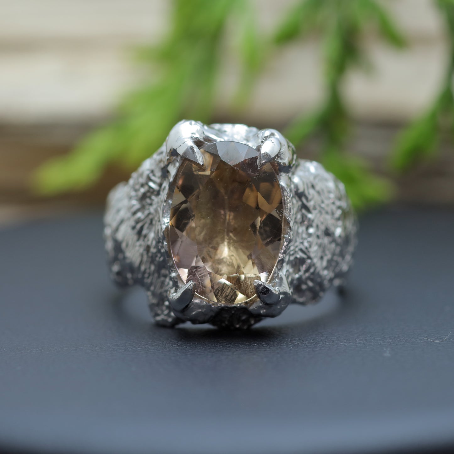 Rhodium-Plated Smokey Quartz Solitaire Ring