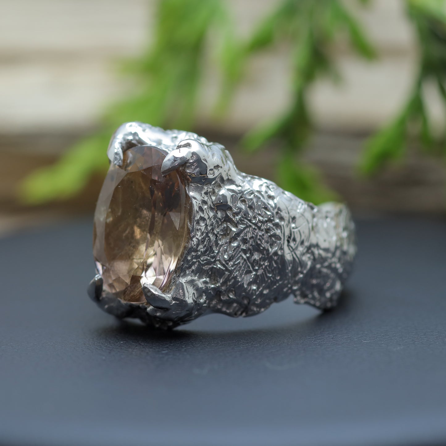 Rhodium-Plated Smokey Quartz Solitaire Ring