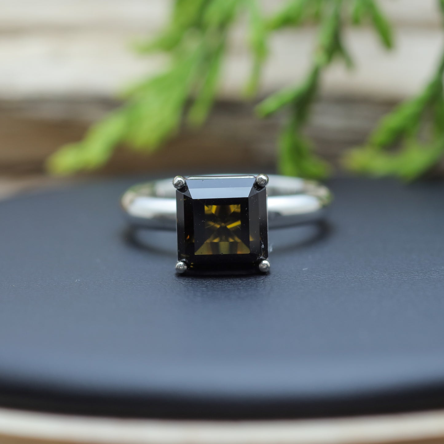 Certified Dark Green Square Tourmaline Sterling Silver Ring