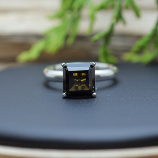 Certified Dark Green Square Tourmaline Sterling Silver Ring