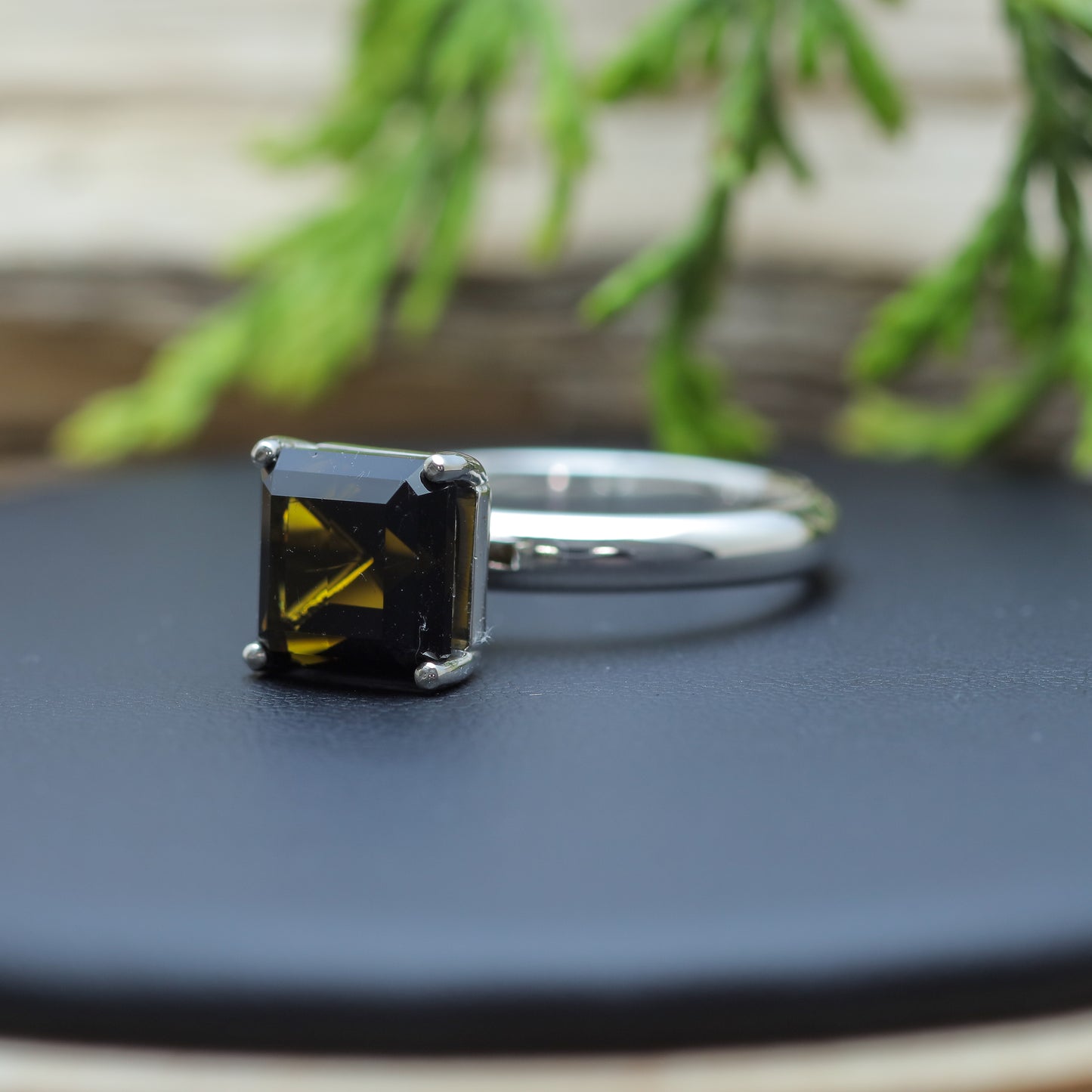 Certified Dark Green Square Tourmaline Sterling Silver Ring
