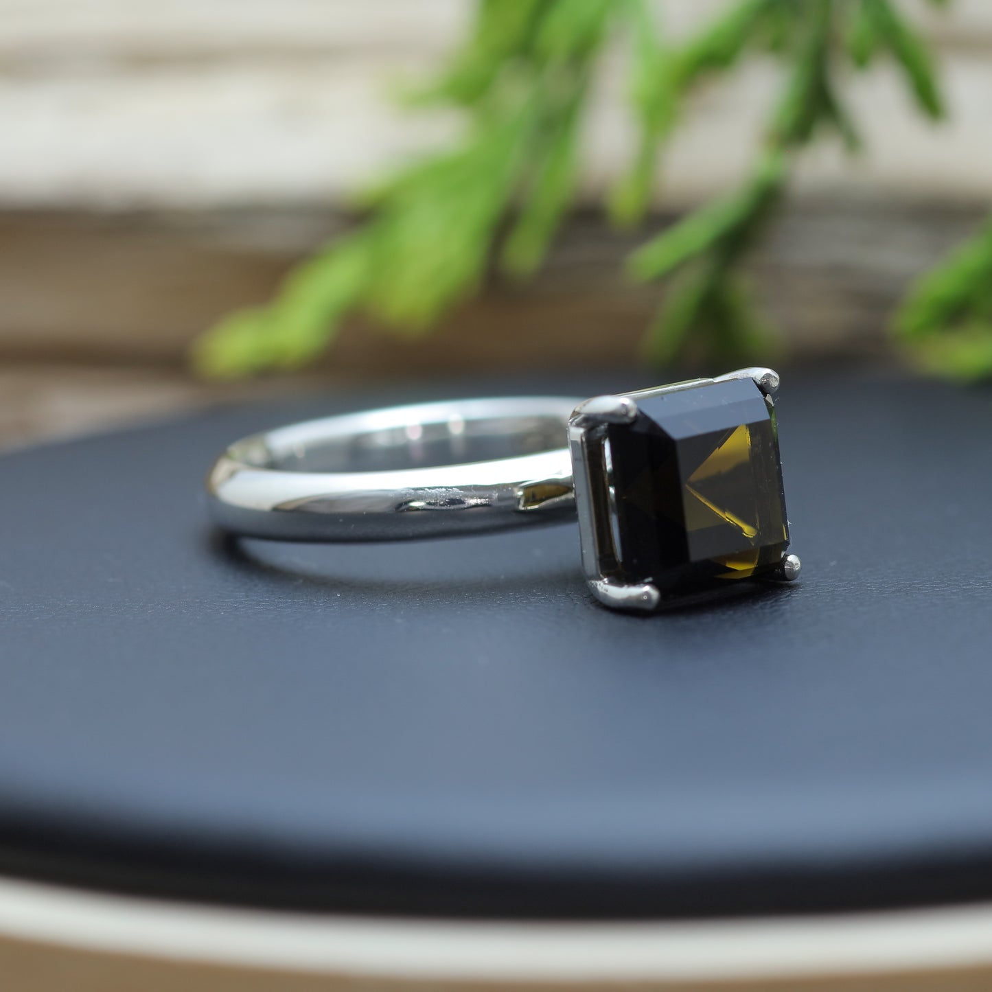 Certified Dark Green Square Tourmaline Sterling Silver Ring
