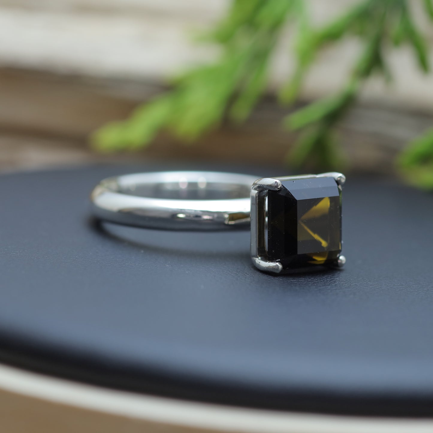 Certified Dark Green Square Tourmaline Sterling Silver Ring
