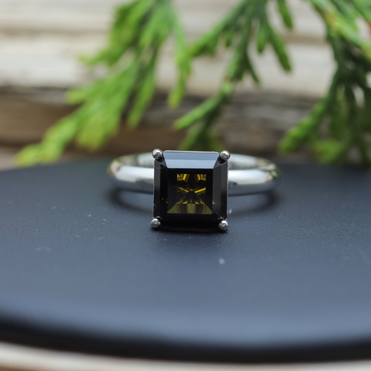 Certified Dark Green Square Tourmaline Sterling Silver Ring