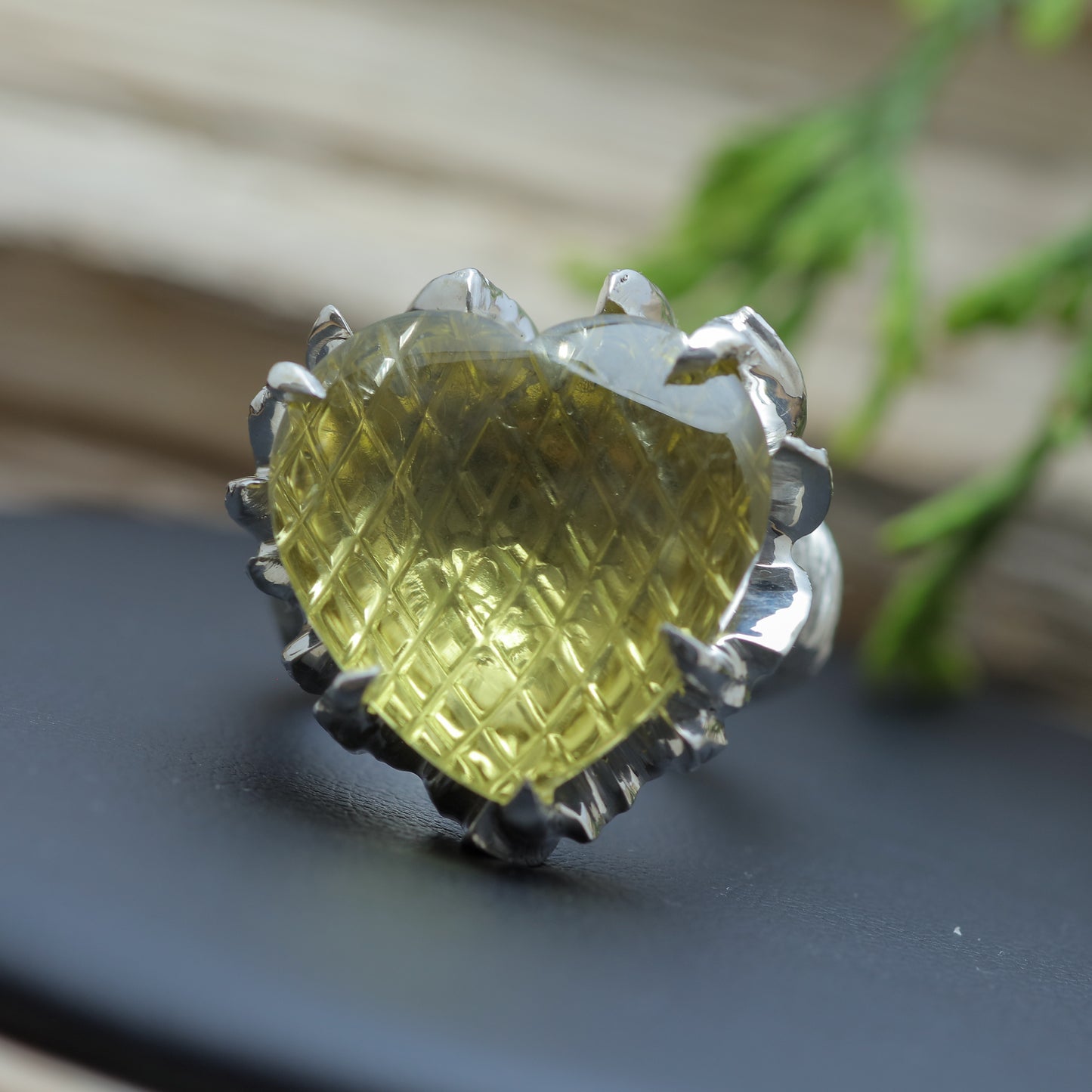 Hand-Textured Heart Lemon Quartz Solitaire Ring