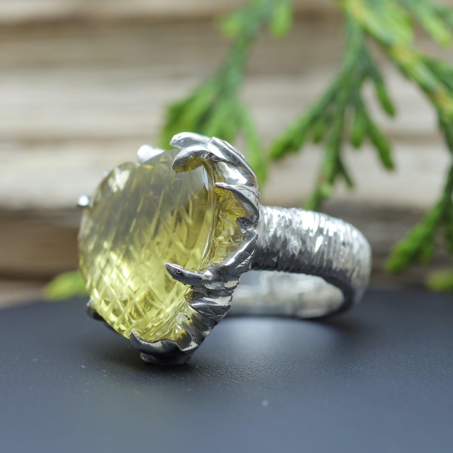 Hand-Textured Heart Lemon Quartz Solitaire Ring