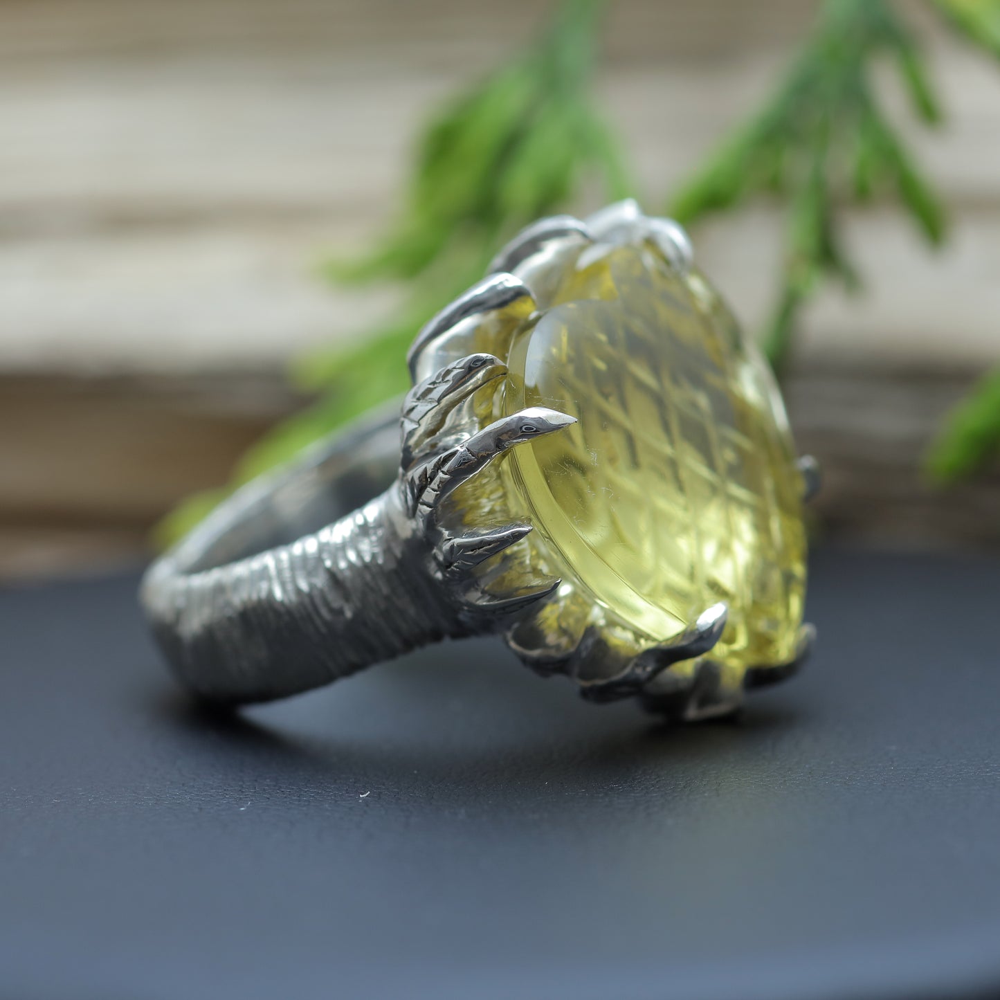 Hand-Textured Heart Lemon Quartz Solitaire Ring