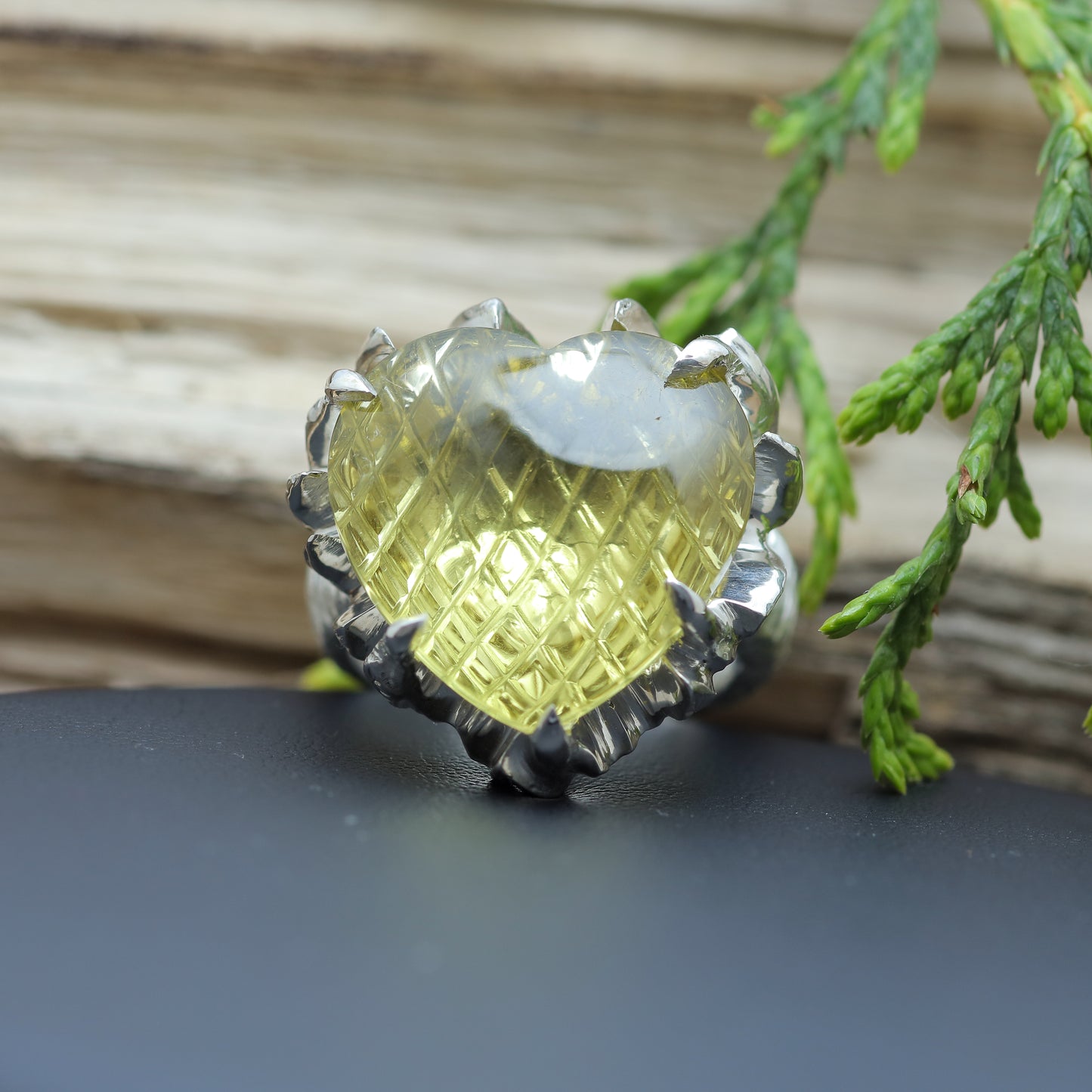Hand-Textured Heart Lemon Quartz Solitaire Ring