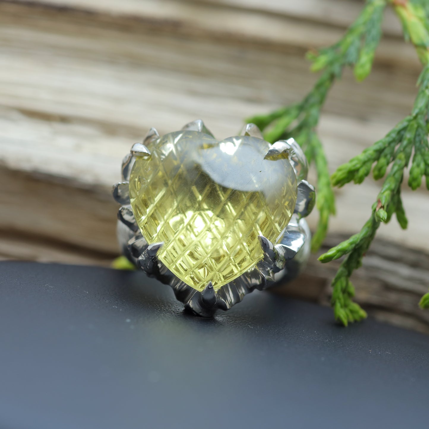 Hand-Textured Heart Lemon Quartz Solitaire Ring
