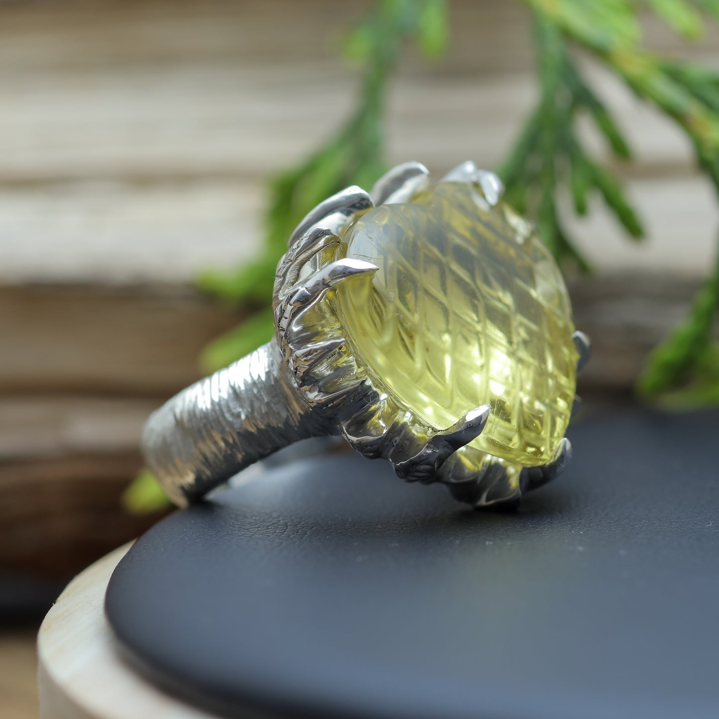 Hand-Textured Heart Lemon Quartz Solitaire Ring
