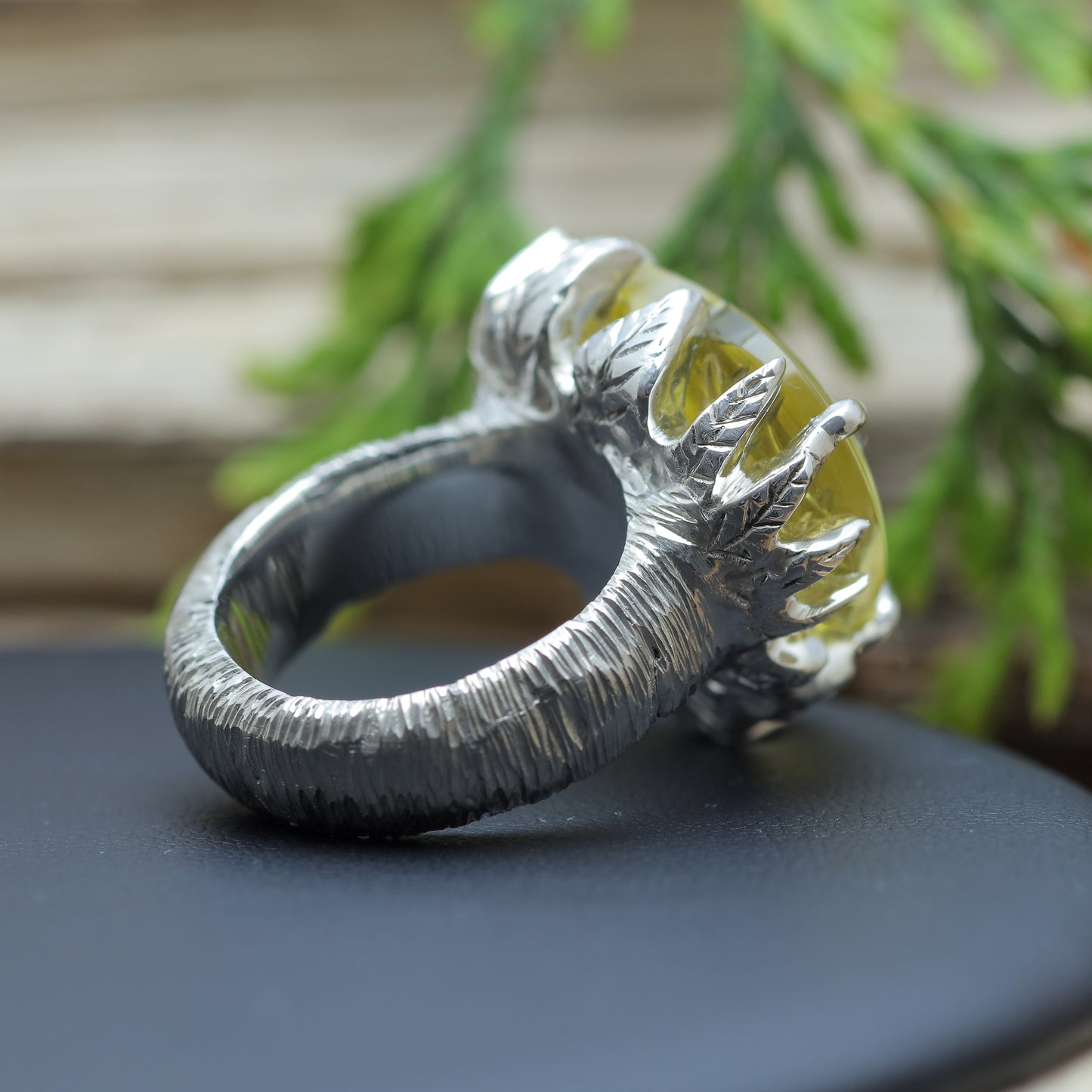 Hand-Textured Heart Lemon Quartz Solitaire Ring
