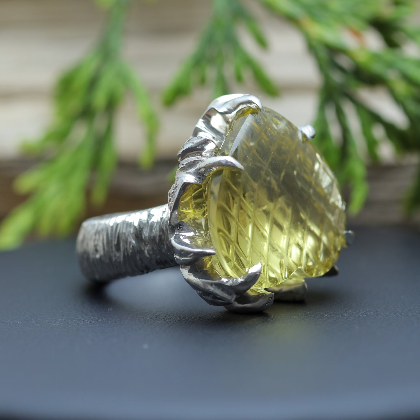 Hand-Textured Heart Lemon Quartz Solitaire Ring