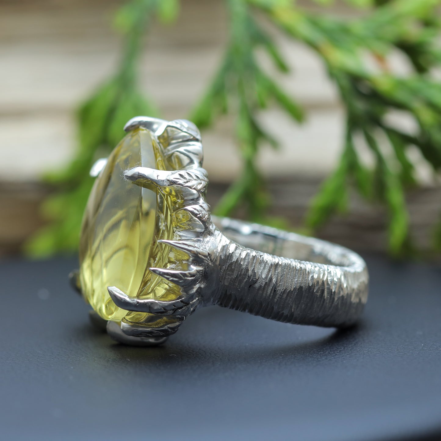 Hand-Textured Heart Lemon Quartz Solitaire Ring